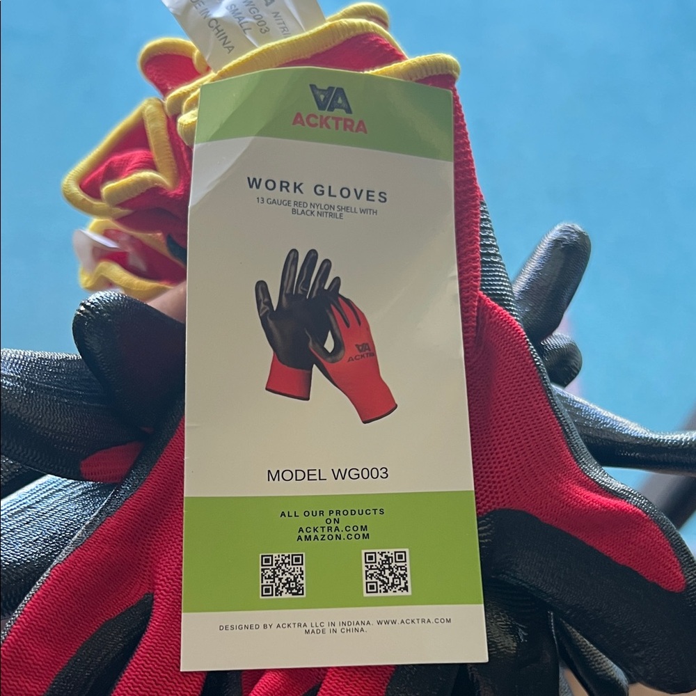 (0444) Unisex Work Gloves 6 pairs of Red Nylon Shell W/ Black Nitrile. - Picture 3 of 3